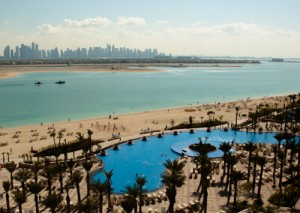 The Dubai skyline from the Atlantis Hotel swimming pool.